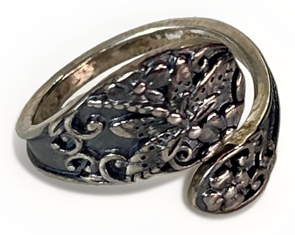 Vintage S925 Sterling Silver Spoon Ring Floral Bypass Adjustable Size 7-8